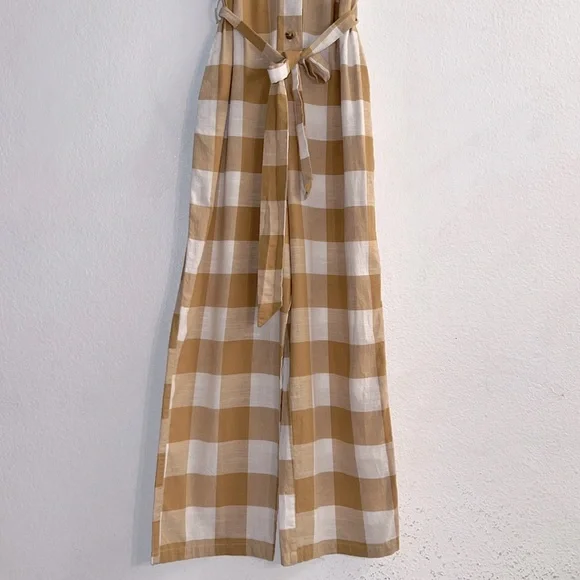 New Trovata Birds of Paradis Tan/White Checkered Jumpsuit Size M